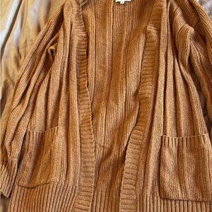 Pink Rose Ribbed Open-Front Cardigan in Chestnut Brown